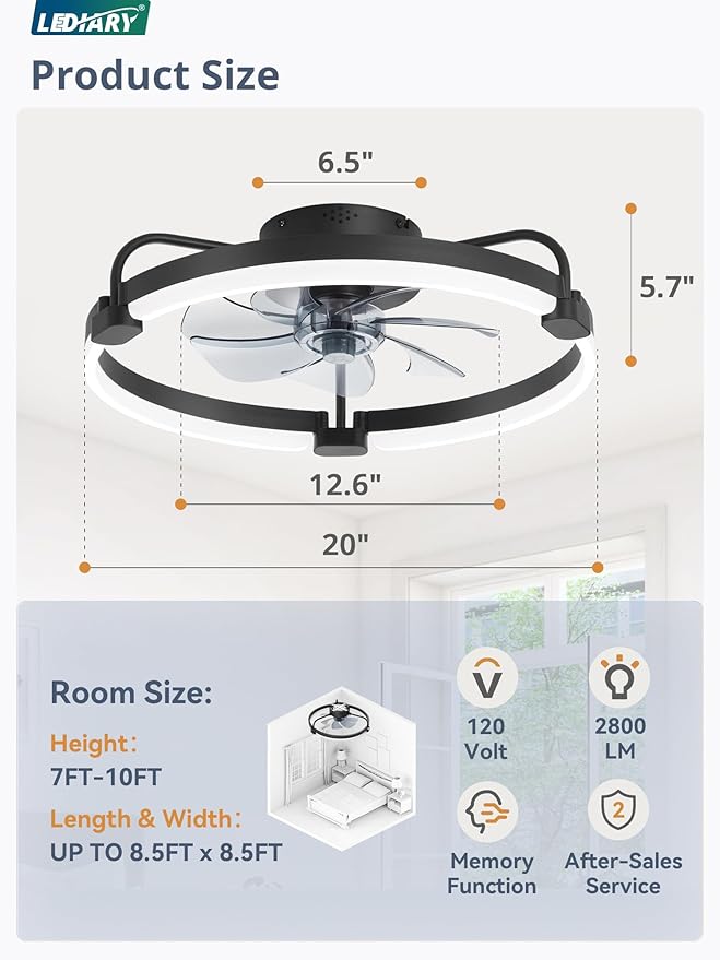 LEDIARY Ceiling Fans with Lights and Remote, 20'' Low Profile Ceiling Fan with Light, 3000-6000K Dimmable Fandelier LED Fan Light, 6 Wind Speeds, Black Modern Flush Mount Ceiling Fan for Bedroom