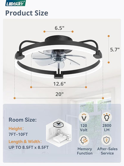 LEDIARY 2 Pack Ceiling Fans with Lights and Remote, 20'' Low Profile Ceiling Fan with Light, 3000-6000K Dimmable Fandelier LED Fan Light, 6 Wind Speeds, Black Flush Mount Ceiling Fan for Bedroom