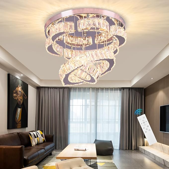 15.7" Modern Crystal Chandelier with Remote 2 Rings Round Flush Mount Ceiling Light Flower LED Dimmable Chandeliers for Bedroom Living Room Dining Room Dimmable