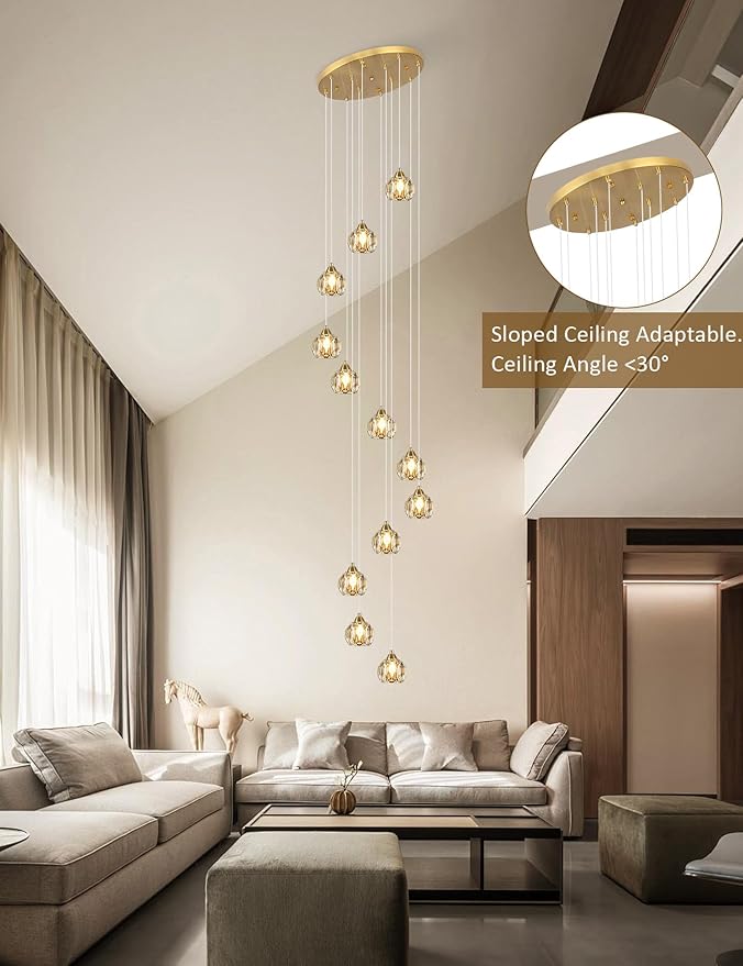 Weesalife Crystal Chandeliers for Staircases, 12-Light Gold Modern Chandeliers for High Ceilings，Crystal Pendant Light Fixture for Living Room Kitchen Island Foyer Hallway Bar