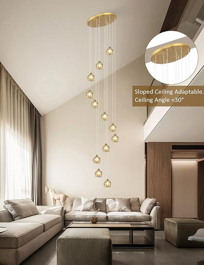 Weesalife Crystal Chandeliers for Staircases, 12-Light Gold Modern Chandeliers for High Ceilings，Crystal Pendant Light Fixture for Living Room Kitchen Island Foyer Hallway Bar