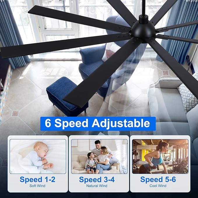 84 Inch Ceiling Fans with Lights and Remote, Black Large Ceiling Fan for Bedroom Living Room Indoor/Outdoor, 6 Speed Reversible DC Motor, 3CCT, Downrod, Dual Color 8 Blades, ETL Listed