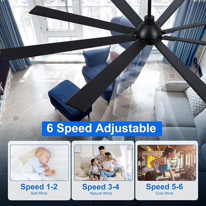 84 Inch Ceiling Fans with Lights and Remote, Black Large Ceiling Fan for Bedroom Living Room Indoor/Outdoor, 6 Speed Reversible DC Motor, 3CCT, Downrod, Dual Color 8 Blades, ETL Listed