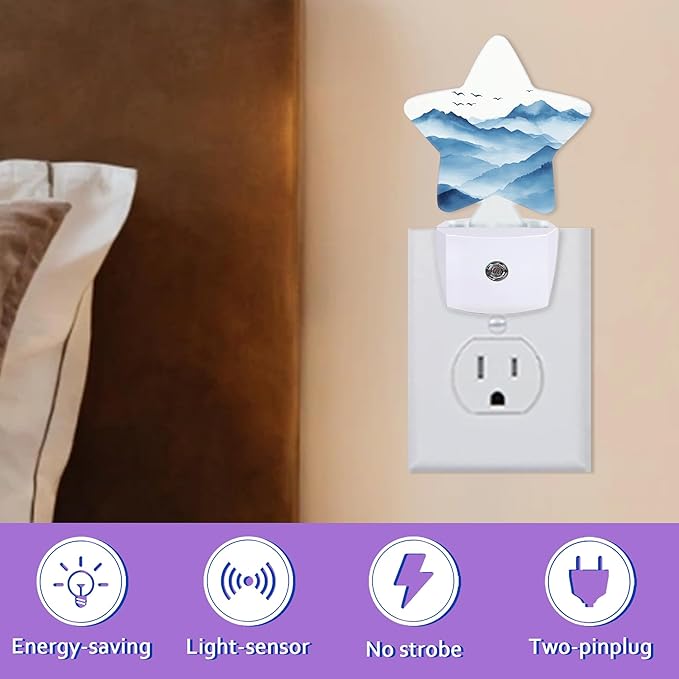 Night Lights Plug Into Wall Decorative,Watercolor Mountain Nightlights for Kids Bedroom, Blue Energy Efficient Dusk-to-Dawn Sensor Sleep Friendly Lamp for Nursery Bathroom