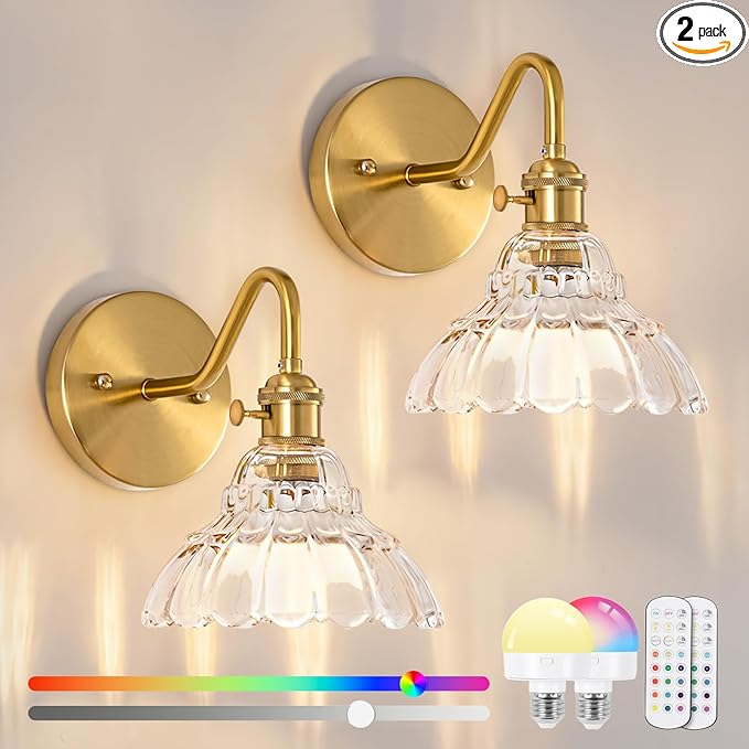 Vintage Battery Operated Wall Sconces Set Of Two, Indoor not Hardwired Brass Transparent Glass Lampshade Fixtures, Rechargeable Wireless RGB Wall Lights with Dimmable Remote, for Bedroom Living Room