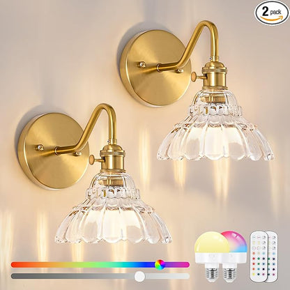 Vintage Battery Operated Wall Sconces Set Of Two, Indoor not Hardwired Brass Transparent Glass Lampshade Fixtures, Rechargeable Wireless RGB Wall Lights with Dimmable Remote, for Bedroom Living Room