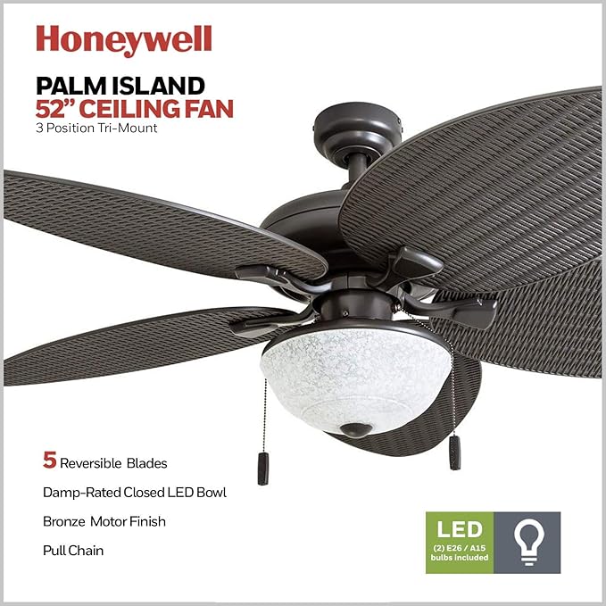 Honeywell Ceiling Fans Inland Breeze, 52 Inch Tropical Indoor Outdoor Ceiling Fan with Light, Pull Chain, Three Mount Options, Weather Resistant Blades - 50510-01 (Bronze)