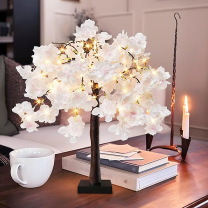 obbsie 24 Inch Lighted Cherry Blossom Tree, 2 Pack Artificial Bonsai Flower Tree with Timer Battery/USB Operated Pink Light Up Tabletop Tree for Spring Wedding Party Indoor Outdoor Decor