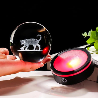 YWHL 3D Cat Figurine Crystal Ball with Colorful LED Base, Laser Engraved Cat Gifts for Women Men for Christmas Birthday, Cats Statue Glass Animal Decorative Ball for Home Decor (80mm)