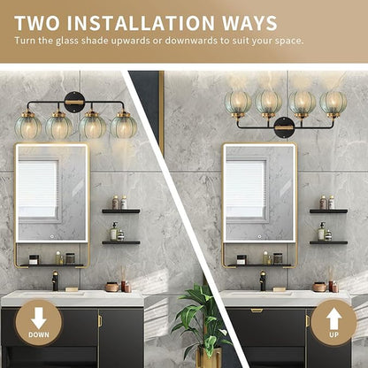 2-Pack Glass Wall 4-Lights Bathroom Vanity Light fixtures Green Glass Globe Shade Mid Century Modern Light Fixture Black Large Wall Sconce for Over Mirror Bath Living Room Cabinet
