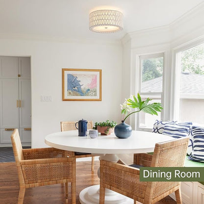 Boho Rattan Ceiling Light Fixtures 2-Light White Flush Mount Ceiling Light, 12.6" Coastal Light Fixture Close to Ceiling Light for Bedroom Nursery Foyer Hallway Entryway Kids Room
