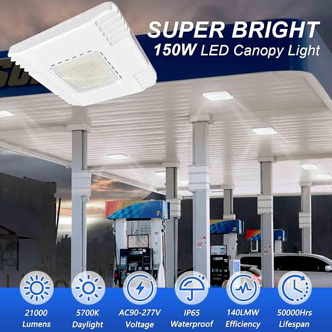150W LED Canopy Light, 21000LM 5700K, Surface Mount LED Gas Station Ceiling Light, IP65 Outdoor Rated [600W HID/HPS Equiv.], High Bay Parking Garage Lighting, AC 90-277V, UL Listed (2 Pack)