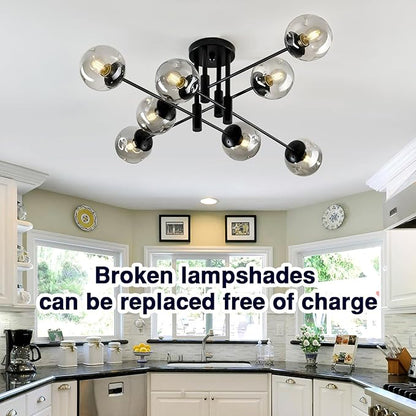 8 Light Glass Globe Ceiling Light Black Mid Century Flush Mount Sputnik Light Fixture Bubble Chandelier Living Room Farmhouse for Dining Room Kitchen Bedroom.