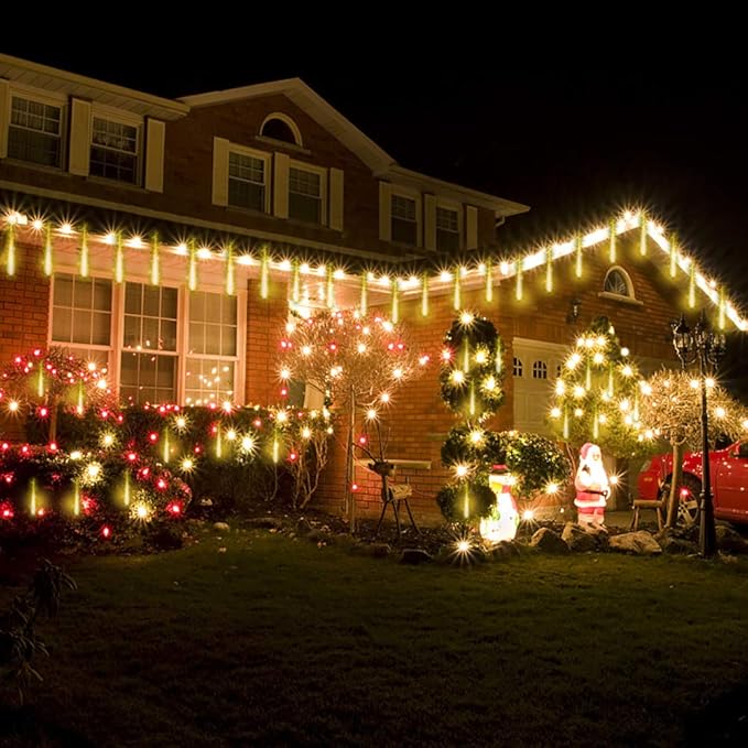Purtuemy Christmas Lights Outdoor, Meteor Shower Falling 12 inch 8 Tubes Icicle Snow Raindrop Lights for Xmas Tree Holiday Party Decoration, UL Plug, Wram White