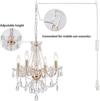 AMZASA Plug in Crystal Chandelier,French Country Gold Crystals Chandelier Pendant Lighting, 4 Light Glass Crystal Light for Living Room, Wedding, Island, Bedroom, Hallway,Foyer,Electroplating