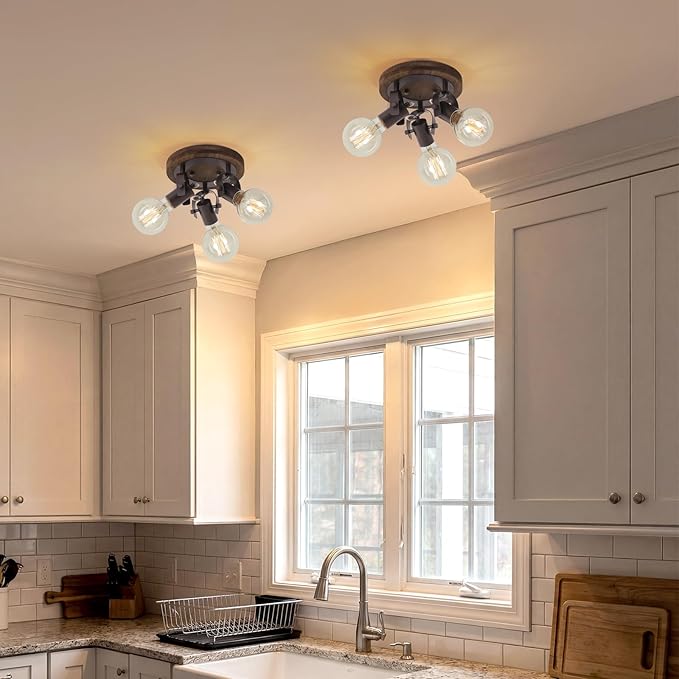 3-Light Rustic Track Lighting, Adjustable Flush Mount Ceiling Light with Espresso Wood Base, Dark Bronze Ceiling Track Light for Kitchen Island, Dining Room, Hallway, Entryway