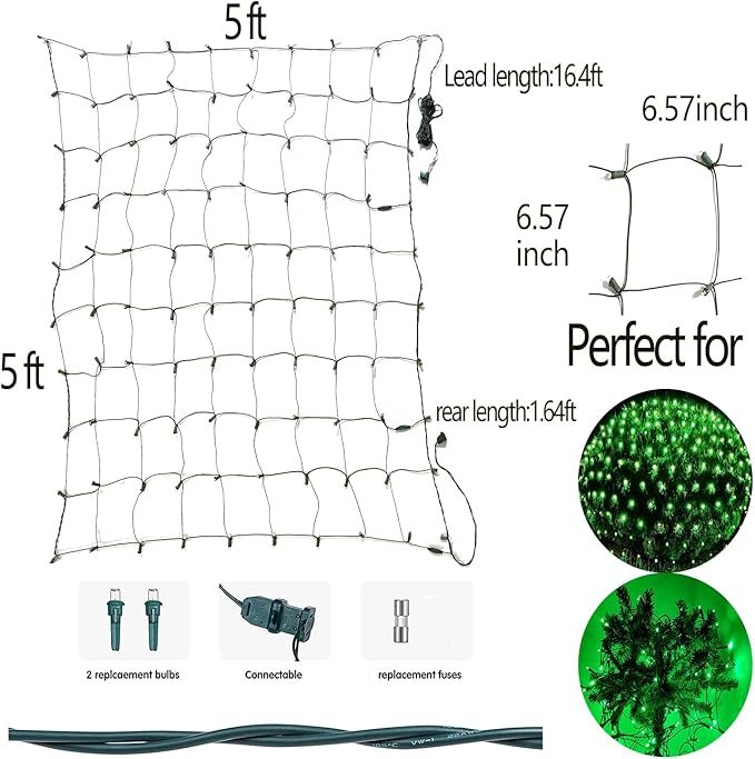 HISHINY Christmas Net Lights Outdoor, 5ftx5ft 100LED Green Wire, Connectable Bush Mesh Net Lights String for Christmas,St. Patrick's Day Party,Shrub,Yard,Tree (Green)
