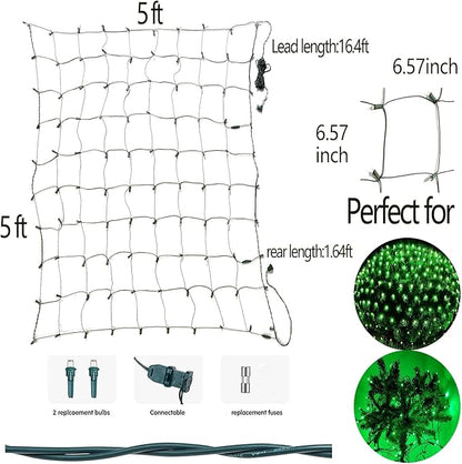 HISHINY Christmas Net Lights Outdoor, 5ftx5ft 100LED Green Wire, Connectable Bush Mesh Net Lights String for Christmas,St. Patrick's Day Party,Shrub,Yard,Tree (Green)