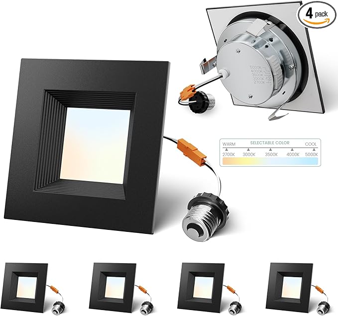 4 Inch Led Recessed Lights Square,Led Downlight Square Black,with Baffle Anti-Glare,5CCT 2700K-5000K Dimmable,9W 800LM,ETL & ES(4 Pack)