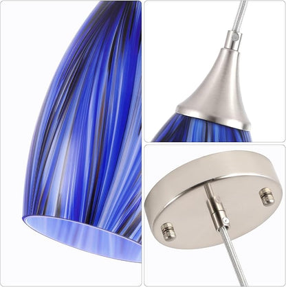 GLADFRESIT Deep-Sea Blue Glass Pendant Lights – Set of 3, Handcrafted Hanging Lights for Kitchen Island, Dining Room, or Entryway – Adjustable Nylon Cord & Ceramic Socket – E26 Base (Bulbs Excluded)