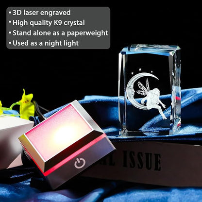 3D Crystal Cube Fairy & Moon Figurines Night Light Room Decor Engraved Glass Fairy Gifts for Girls Adults Women, Collectible Paperweight Statue Ornament