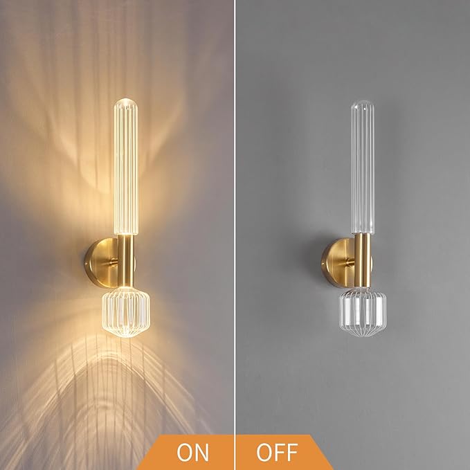 Gold Wall Sconces, Modern Bathroom Light Fixture Dimmable LED Wall Sconces with Glass Shade, Bathroom Sconces Wall Lighting for Bedroom Living Room
