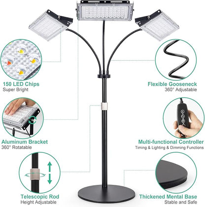 LBW Grow Light for Indoor Plant,Full Spectrum Tri-Head Desk Plant Light,Grow Lamp with 3H/6H/12H Timer,6-Level Brightness,3 Lighting Mode,Height Adjustable,Flexible Gooseneck,Ideal for Indoor Growth
