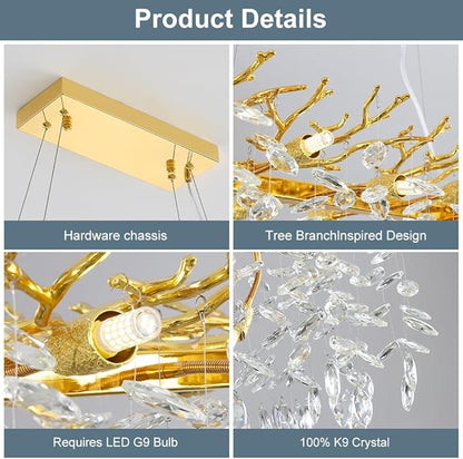 Modern Crystal Tree Branches Chandelier, 47.5in Gold 14 Lights Large Ceiling Hanging Light for Dining Room, Rectangle Raindrop Pendant Light Fixture