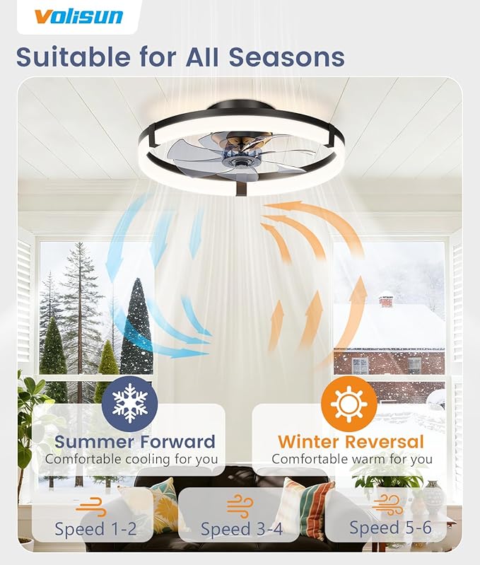 VOLISUN Low Profile Ceiling Fans with Lights and Remote, 20in Flush Mount Ceiling Fans with Light, 3000K-6500K Dimmable Fandelier Ceiling Fan, Black Bladeless Ceiling Fan for Bedroom