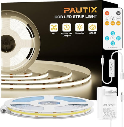 PAUTIX COB LED Strip Lights,UL Listed Dotless LED Lights with RF Remote,32.8ft Natural White 4000K Super Bright Dimmable 24V Flexible LED Tape Light,Kitchen Cabinet,Office,Stairs,Shelf Indoor Lighting