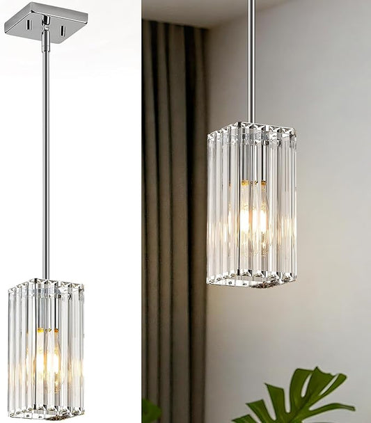 Modern Crystal Pendant Lights Kitchen Island, 1-Light Chrome Hanging Light with Clear Crystal Shade, Adjustable Height Pendant Lighting for Kitchen Island Dining Room Bedroom Bar Entryway