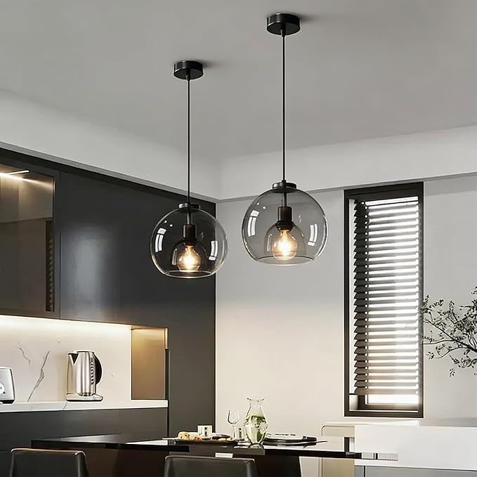 9.1in Large Smoke Glass Pendant Light for Kitchen Island, 3-Pack with Extra 3 LED Bulbs & 4.92ft Adjustable Cord | Modern Minimalist Lighting for Dining Room, Living Room, Entryway