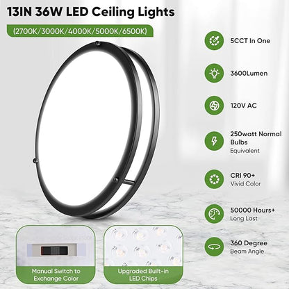 2-Pack 36W LED Ceiling Lights Black, 13inch Flush Mount Light Fixtures 3600LM 2700K/3000K/4000K/5000K/6500K Color Changing Ceiling Lights, Modern Dimmable Lighting for Kitchen Living Room Bedroom