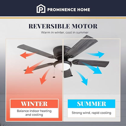 Prominence Home Benton Traditional 52 Inch Ceiling Fan with Light, LED Flush Mount Ceiling Fan, Indoor Fan with 5 Blades, Matte Black and Gray Cedar Blade Finish Options, Matte Black (50853-01)