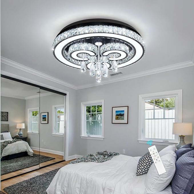 HAIXIANG Modern Glam Chandelier LED Crystal Light Interior Luxury Ceiling Chandeliers Remote Dimmable Lights Fixture 24 Inches Black Light