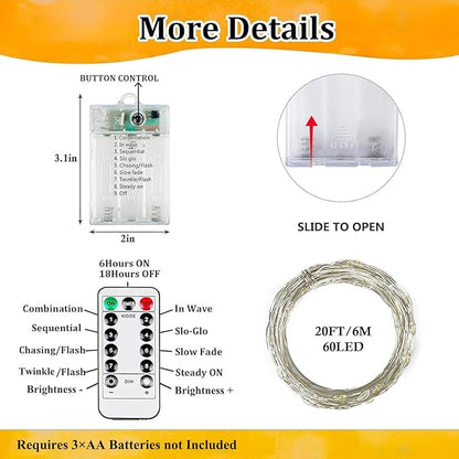 1Pack Warm White Fairy Lights Battery Operated with Remote, Waterproof 20FT 60LED Cuttable Twinkle Lights with Timer Indoor Outdoor, String Light for Bedroom, Classroom, Wedding, DIY, Christmas Décor