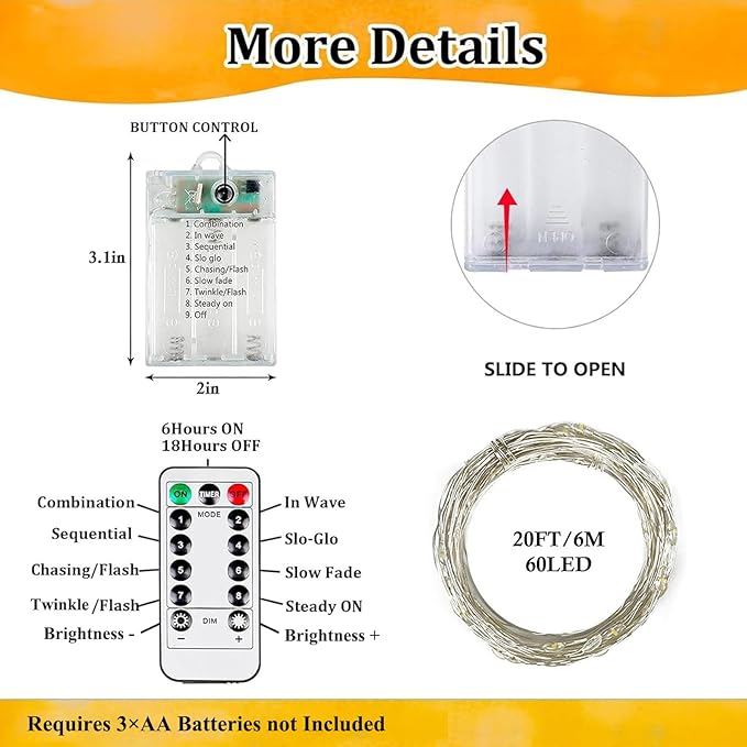 3 Pack Total 60FT 180LED Fairy Lights Battery Operated with Rmote, Waterproof Twinkle Lights with Timer Indoor Outdoor, Cuttable String Light for Bedroom, Classroom, Wedding, DIY, Christmas Decor