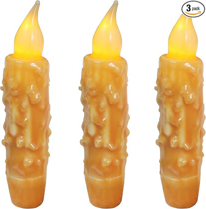 CVHOMEDECO. Real Wax Hand Dipped Battery Operated LED Timer Taper Candles Rustic Primitive Flameless Lights Decor, 4-3/4 Inch, Orange, 3 PCS in a Package