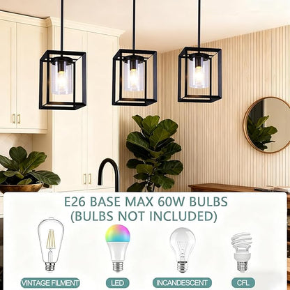 3 Pack Black Pendant Lights for Kitchen Island, Farmhouse 1-Light Iron Cage Metal Hanging Light with Clear Glass Shade, Industrial Lighting Fixtures for Living Room Bedroom Hallway Foyer
