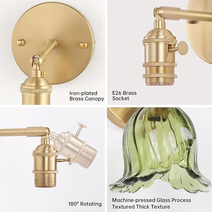 Shenmoyl Vintage Battery Operated Wall Sconces Set of Two, Rechargeable Battery Powered Wall Sconces with Remote Control, Wireless Dimmable LED Light for Bedside Bathroom Living Room (Green Lily)