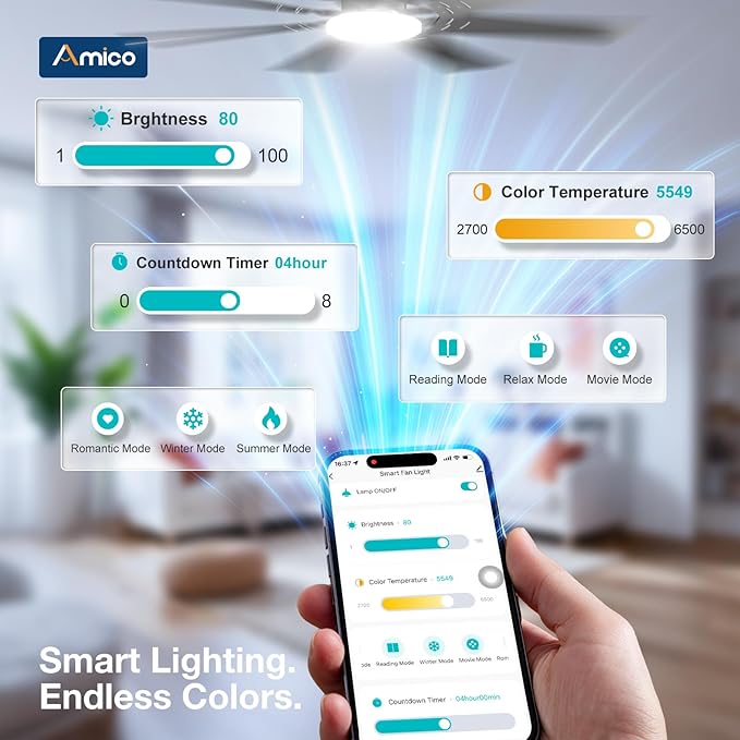 Amico Ceiling Fans with Lights, 72 inch Smart Ceiling Fan Compatible with Alexa/App/Remote Contro,Reversible DC Motor, 6 Speeds, Dimmable 3CCT LED, Quiet Indoor/Outdoor for Living Room, Great Room