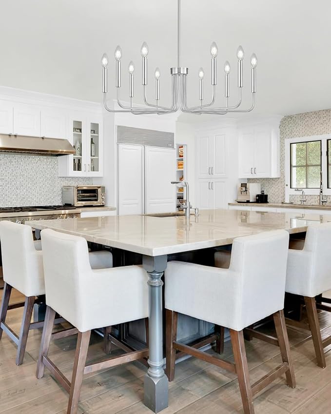 Yunnix 10 Light Brushed Nickel Chandelier, 33" Extra Large Modern Farmhouse Hanging Fixture - Sleek Silver Chandelier Dining Room Light for Kitchen Island, Living Room, Hall, Foyer