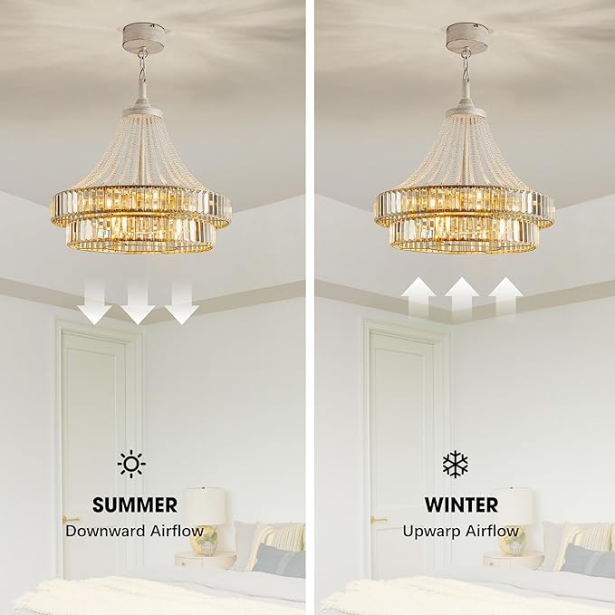24“ Crystal Ceiling Fan with Lights, Modern Caged Fandelier with Remote & App Control, 6-Speed Reversible DC Motor, 8-Lights Chandelier Fan Double Layer for Bedroom, Living Room (White Gold)