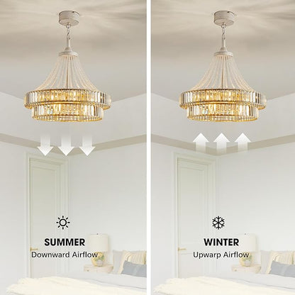 24“ Crystal Ceiling Fan with Lights, Modern Caged Fandelier with Remote & App Control, 6-Speed Reversible DC Motor, 8-Lights Chandelier Fan Double Layer for Bedroom, Living Room (White Gold)