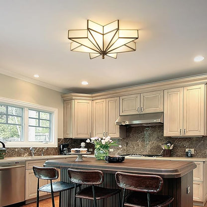 Star Brass Glass Ceiling Light - 19.5 In Black Large Flush Mount Fixture - Art Deco Mid Century Vintage Modern Moravian Lighting Light for Bedroom Dining Kitchen Foyer Farmhouse Living Room