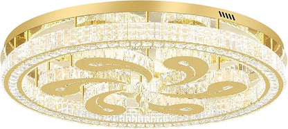 Modern Crystal Chandeliers for Dining Room Flush Mount Ceiling Chandelier for Living Room Dining Room Ring LED Crystal Ceiling Light (Round,40in Gold,Dimmable 2700K-6500K)