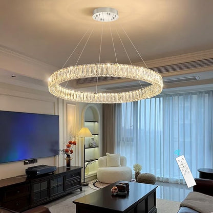 HAIXIANG Modern Crystal Chandelier Dimmable LED Ring Pendant Chandeliers Light Adjustable Glam Hanging Lighting Fixtures for Dining Room Living Room Bedroom Silver Light
