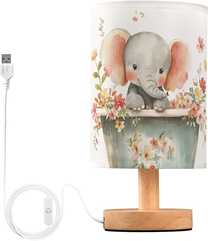 Cute Elephant Pink Floral in Tub Table Lamp with Wood Base Fabric Lamp Shade Bedside Nightstand Desk Lamp for Living Room Bedroom Kids Room Office