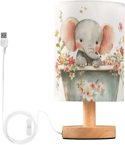 Cute Elephant Pink Floral in Tub Table Lamp with Wood Base Fabric Lamp Shade Bedside Nightstand Desk Lamp for Living Room Bedroom Kids Room Office