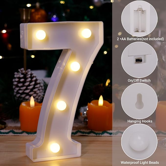 LED Marquee Sign Light Up Letters, Alphabet Light Up Letters Sign, Battery Powered LED Letter Lights for Night Light, Wedding, Birthday, Party, Christmas or Home Decor (Number 7)